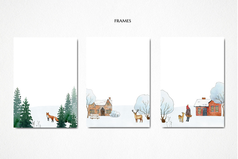 winter-cottage-village-clipart-watercolor-forest-house-animal-people