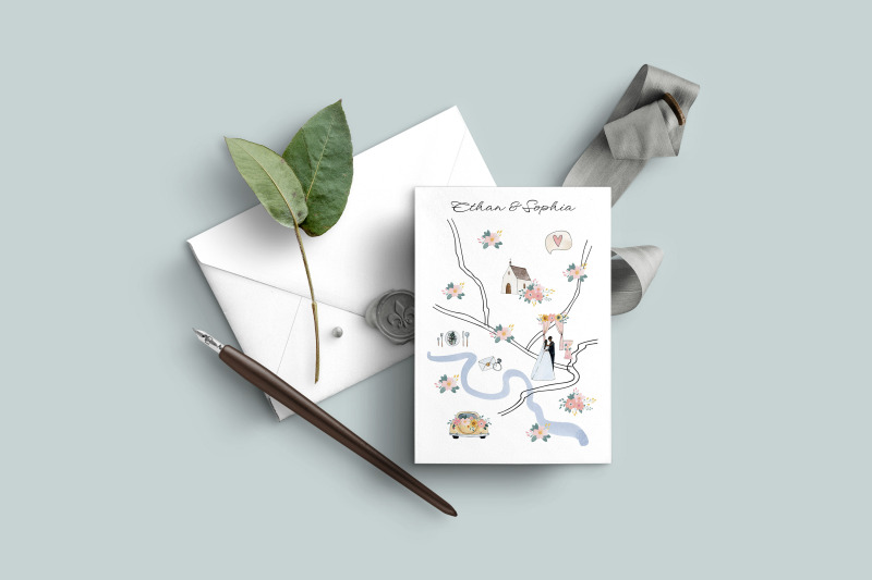 wedding-map-creator-watercolor-clipart-hand-drawn-custom-map-bride