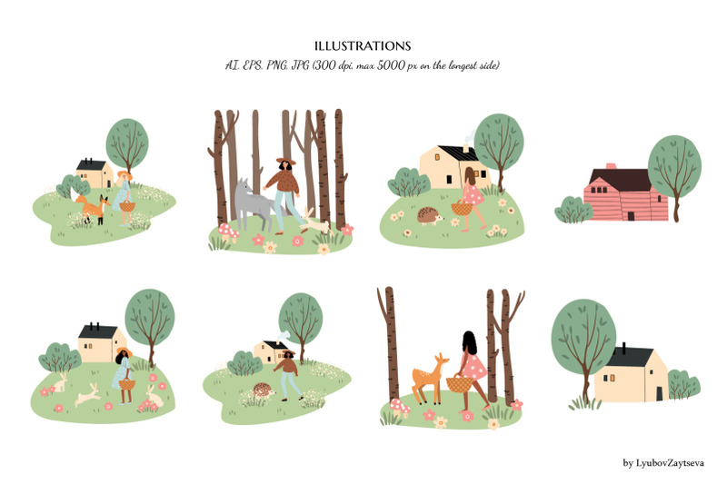 cute-woodland-animals-and-girls-clipart-forest-scene-vector-png