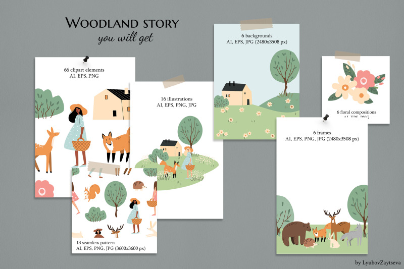 cute-woodland-animals-and-girls-clipart-forest-scene-vector-png