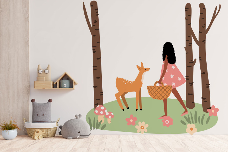 cute-woodland-animals-and-girls-clipart-forest-scene-vector-png