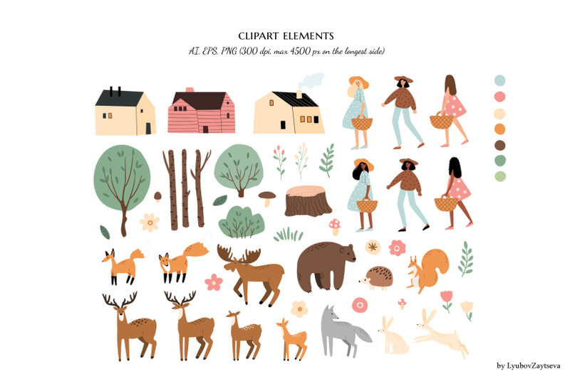 cute-woodland-animals-and-girls-clipart-forest-scene-vector-png