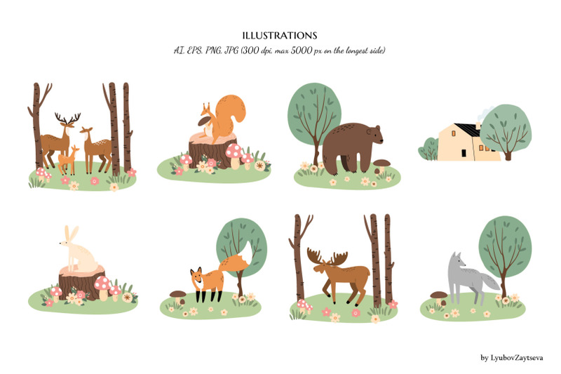 cute-woodland-animals-and-girls-clipart-forest-scene-vector-png