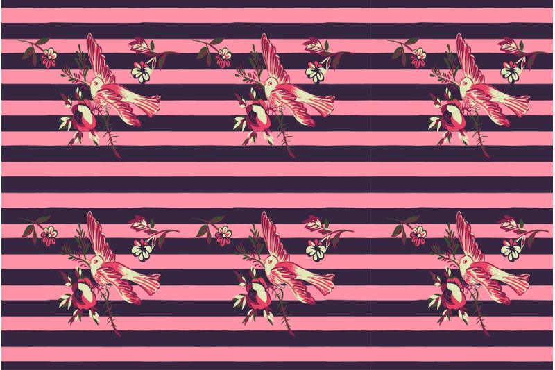 hand-drawn-bird-flying-with-flower-roses-on-stripe-pattern-pink-backgr