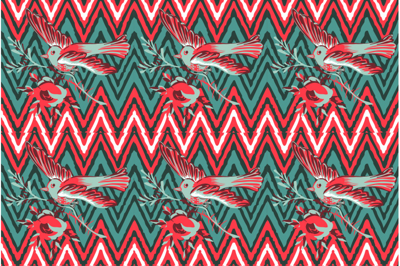 hand-drawn-bird-flying-with-flower-roses-on-zigzag-pattern-red-backgro