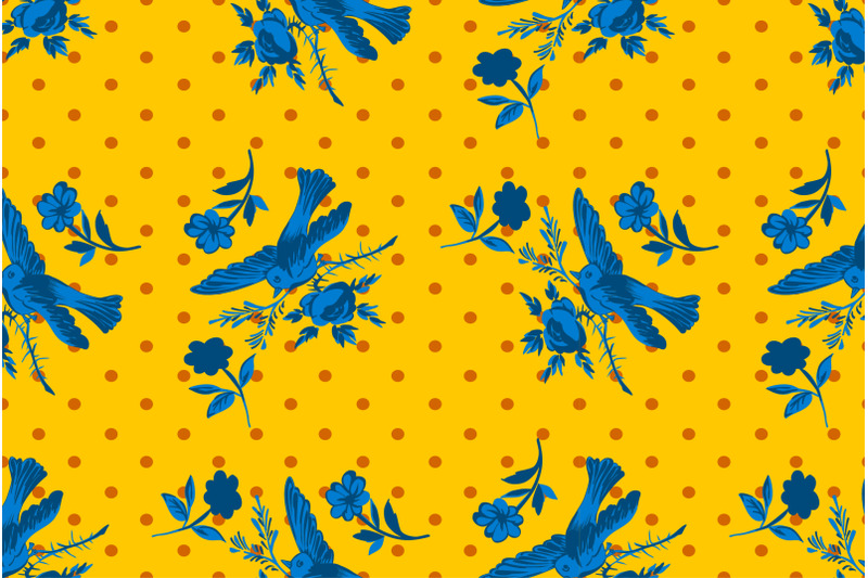 hand-drawn-bird-flying-with-flower-roses-on-polka-dot-pattern-backgrou