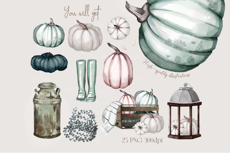 halloween-watercolor-clip-art-autumn-pumpkins-green-and-white-fall