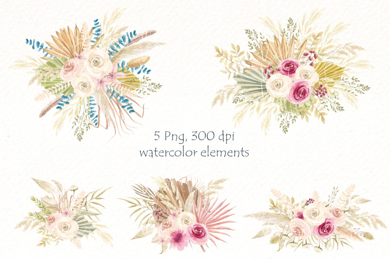 watercolor-boho-floral-bouquets-clipart-pampas-clipart