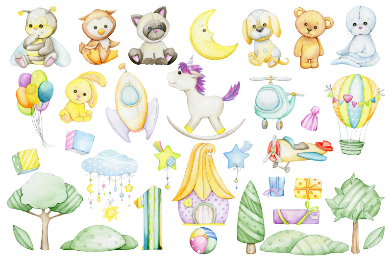 watercolor-animals-png-cute-toys-balloon-tropics-baby-shower-set