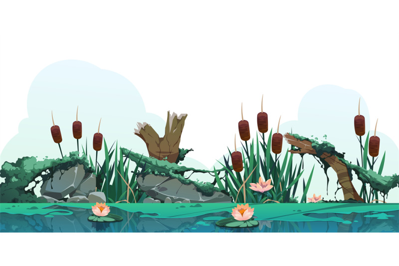 swamp-reed-illustration-cartoon-marsh-background-with-cattail-plants