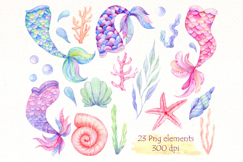watercolor-mermaid-tail-clipart-undersea-animal-png-bundle