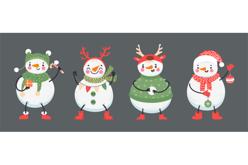 cute-christmas-snowmen-in-winter-clothes-holding-holiday-attribu