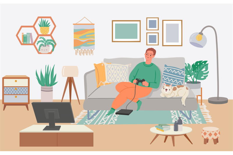 man-playing-video-game-boy-sitting-on-sofa-with-cat-playing-console-a