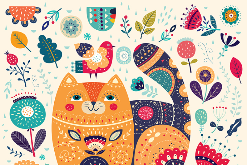 Big collection: decorative cat and flowers By Molesko Studio ...