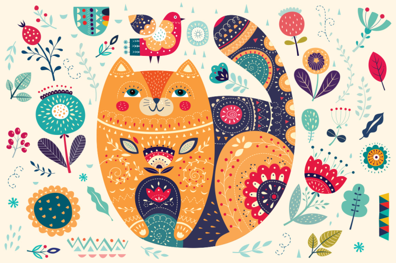 big-collection-decorative-cat-and-flowers