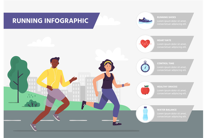 run-infographic-man-and-woman-running-marathon-athletes-jogging-outd