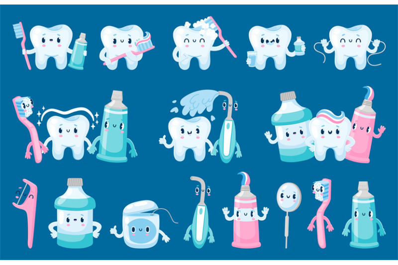 dental-care-characters-tooth-toothbrush-toothpaste-dental-floss-cute