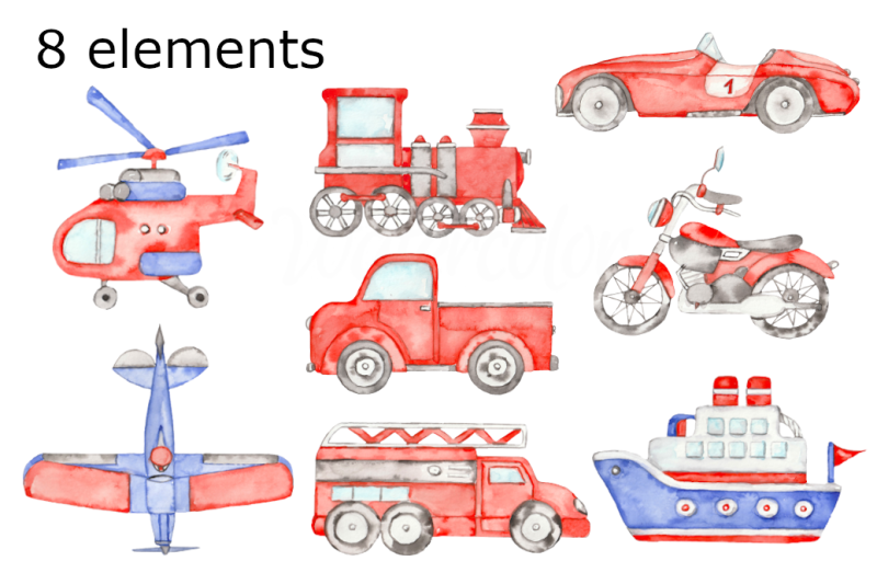 retro-vehicles-watercolor-clipart-transport-car-truck-train-plain-boat