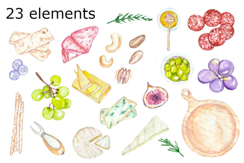 charcuterie-board-watercolor-clipart-cheese-salami-food