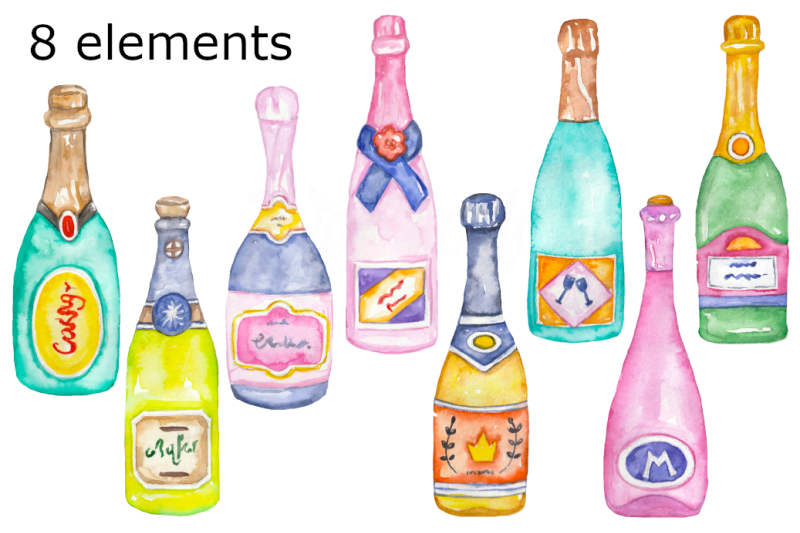 watercolor-champagne-clipart-bottle-glass-drink-bar-menu