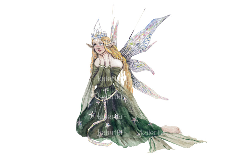 watercolor-fairy-in-green-dress-kids-art-png-object