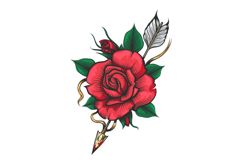 rose-flower-and-arrow-tattoo-illustration-isolated-on-white