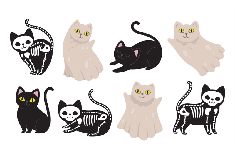 cute-black-cat-dead-kitten-funny-halloween-ghost-and-skeleton-in-dif