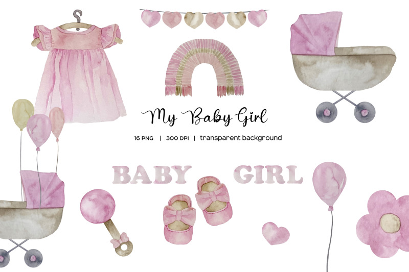 watercolor-cute-pink-baby-girl-birth-announcement-clipart