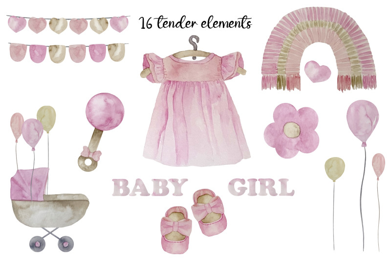 watercolor-cute-pink-baby-girl-birth-announcement-clipart