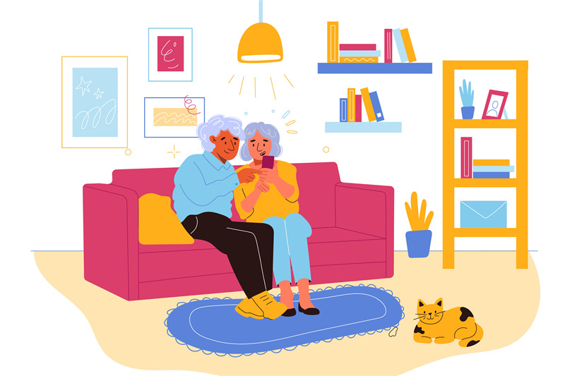 senior-people-gadgets-in-room-happy-elderly-couple-on-sofa-in-living