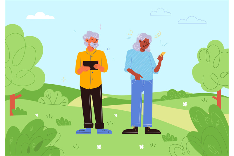 senior-people-gadgets-outdoor-elderly-persons-use-tablet-and-phone-in