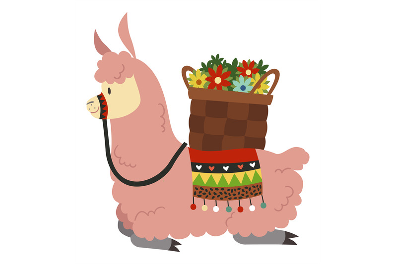 cute-lama-with-flowers-basket-funny-cartoon-animal