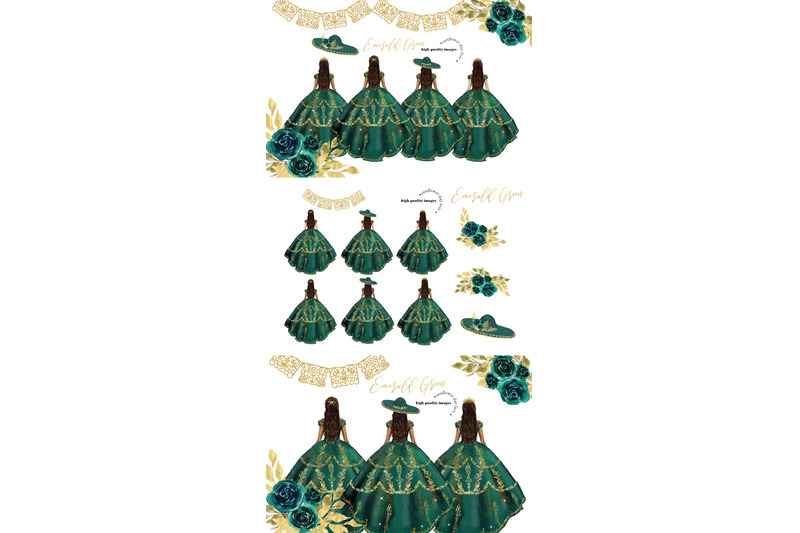 emerald-green-princess-dress-clipart-green-flowers-watercolor