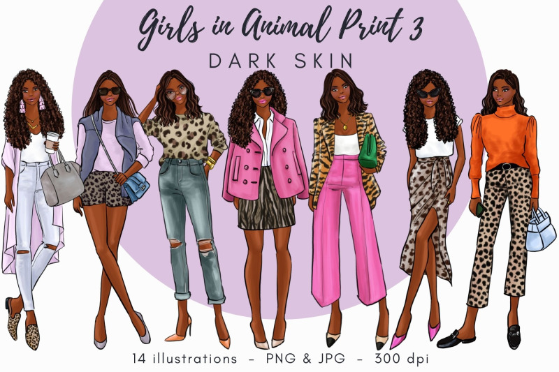 girls-in-animal-print-3-dark-skin-watercolor-fashion-clipart
