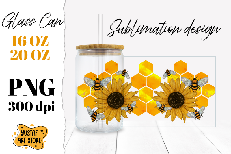 sunflower-amp-honey-bee-glass-can-sublimation-design-16oz-20oz