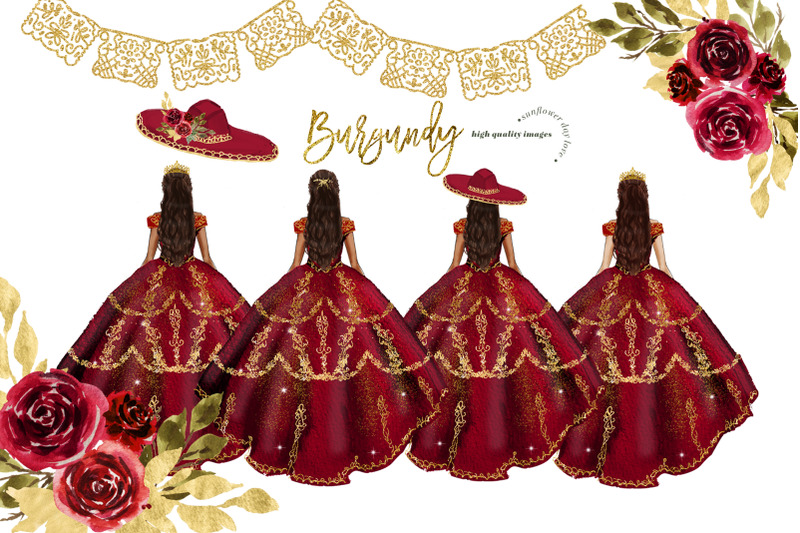 burgundy-amp-gold-princess-dress-clipart-burgundy-flowers-clipart