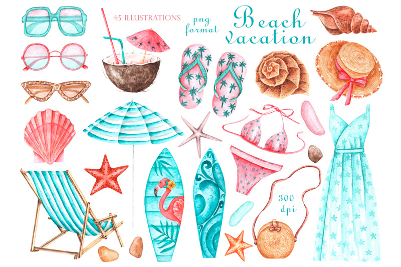 Beach vacation watercolor clipart. Sea. Summer holiday. Seascape. By ...