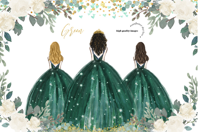 emerald-green-princess-dress-and-moon-clipart-white-flowers-clipart