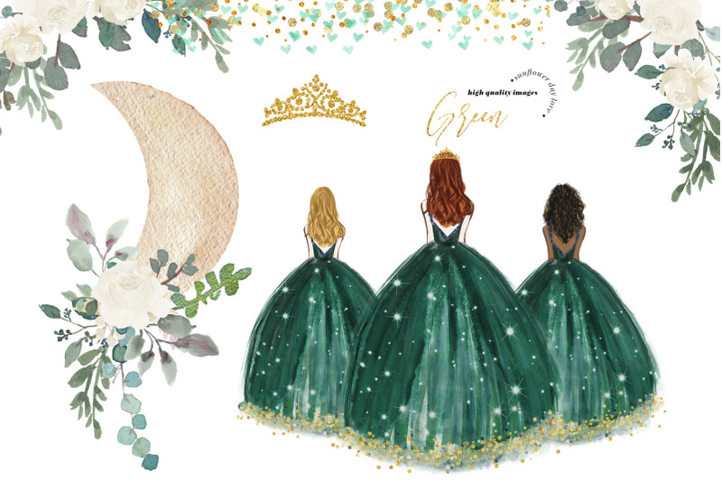 emerald-green-princess-dress-and-moon-clipart-white-flowers-clipart