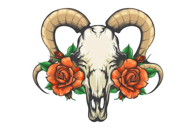 goat-skull-with-rose-flowers-tattoo