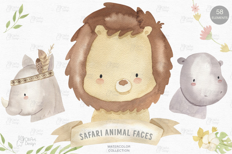 safari-animal-faces-watercolor-clipart