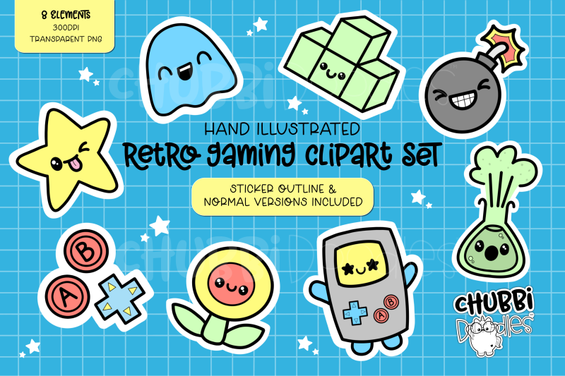 retro-gaming-illustrations-clipart-set-game-stickers-png