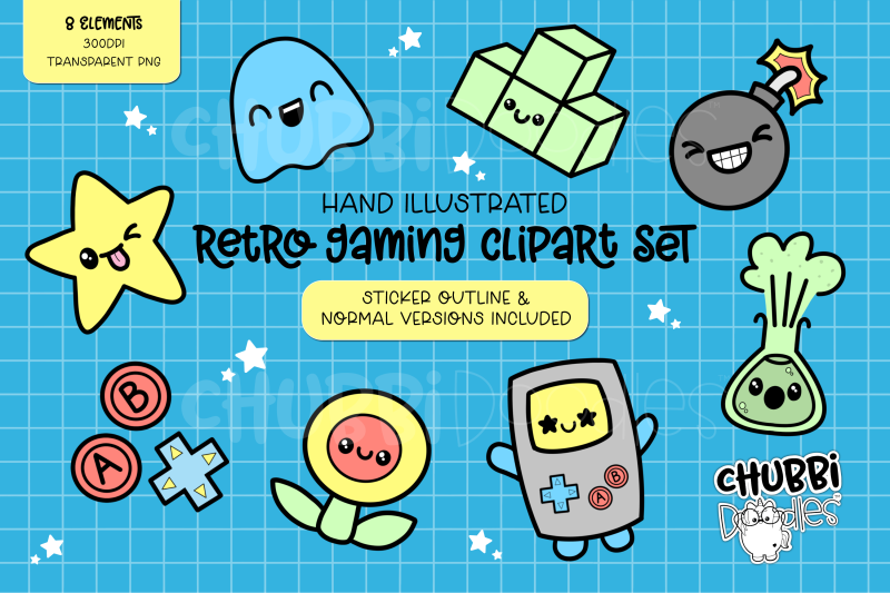 retro-gaming-illustrations-clipart-set-game-stickers-png