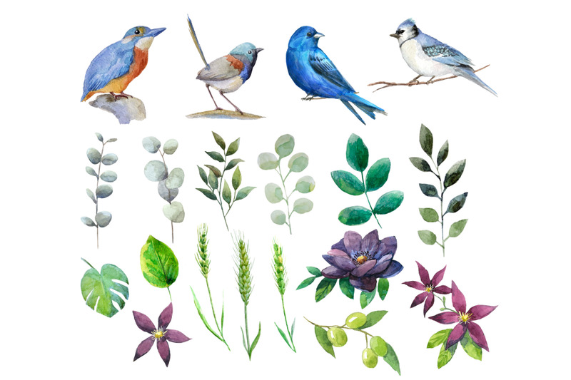 watercolor-blue-flowers-and-birds