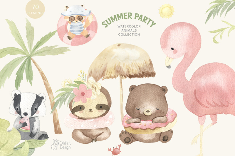 summer-party-watercolor-animal-clipart