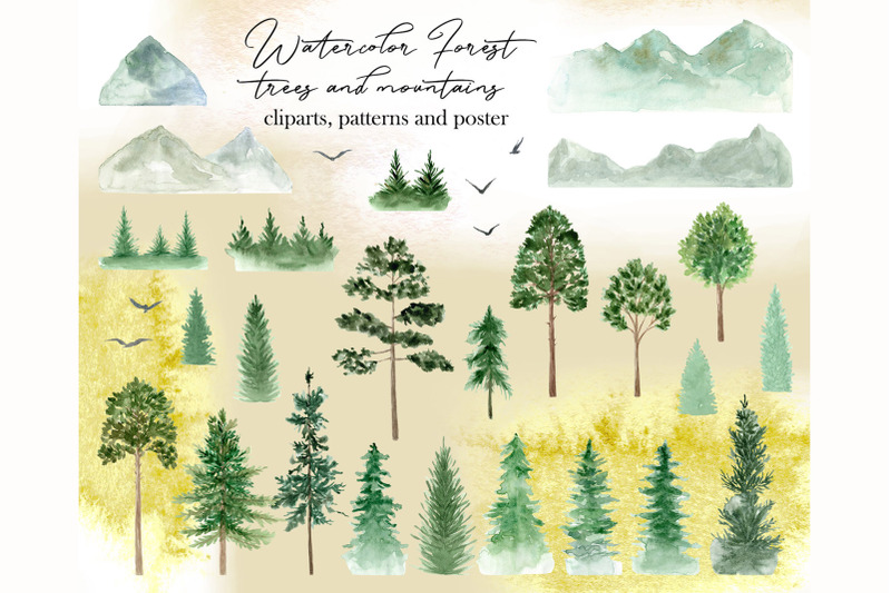 watercolor-forest-mountains-and-trees-cliparts-and-patterns