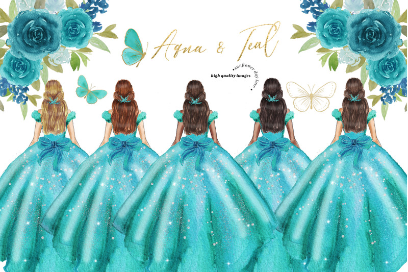 aqua-amp-teal-princess-dresses-clipart-butterfly-quinceanera