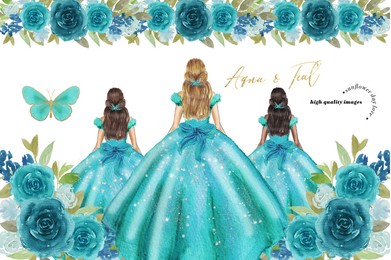 aqua-amp-teal-princess-dresses-clipart-butterfly-quinceanera