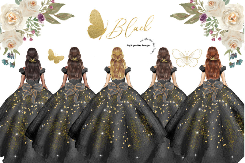 elegant-black-and-gold-glitter-princess-clipart-gold-flowers-clipart