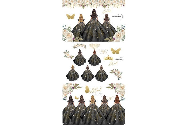 elegant-black-and-gold-glitter-princess-clipart-gold-flowers-clipart